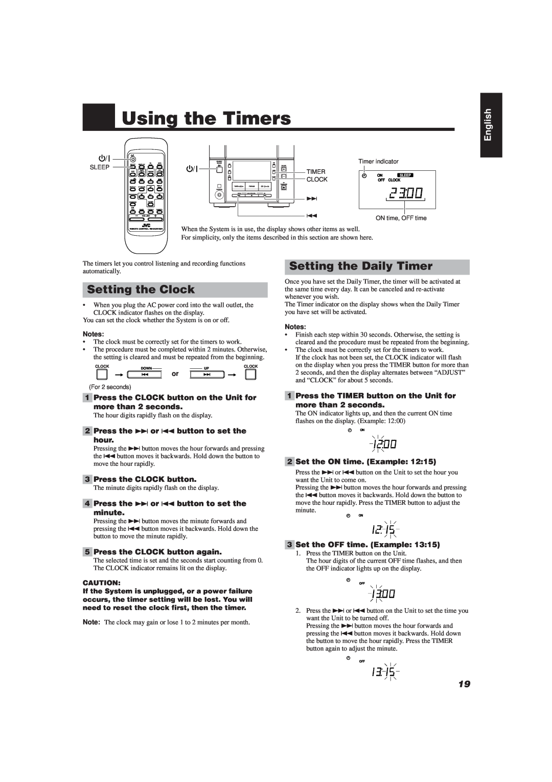 JVC UX-V20R/UX-V10 manual Using the Timers, Setting the Clock, Setting the Daily Timer, English 