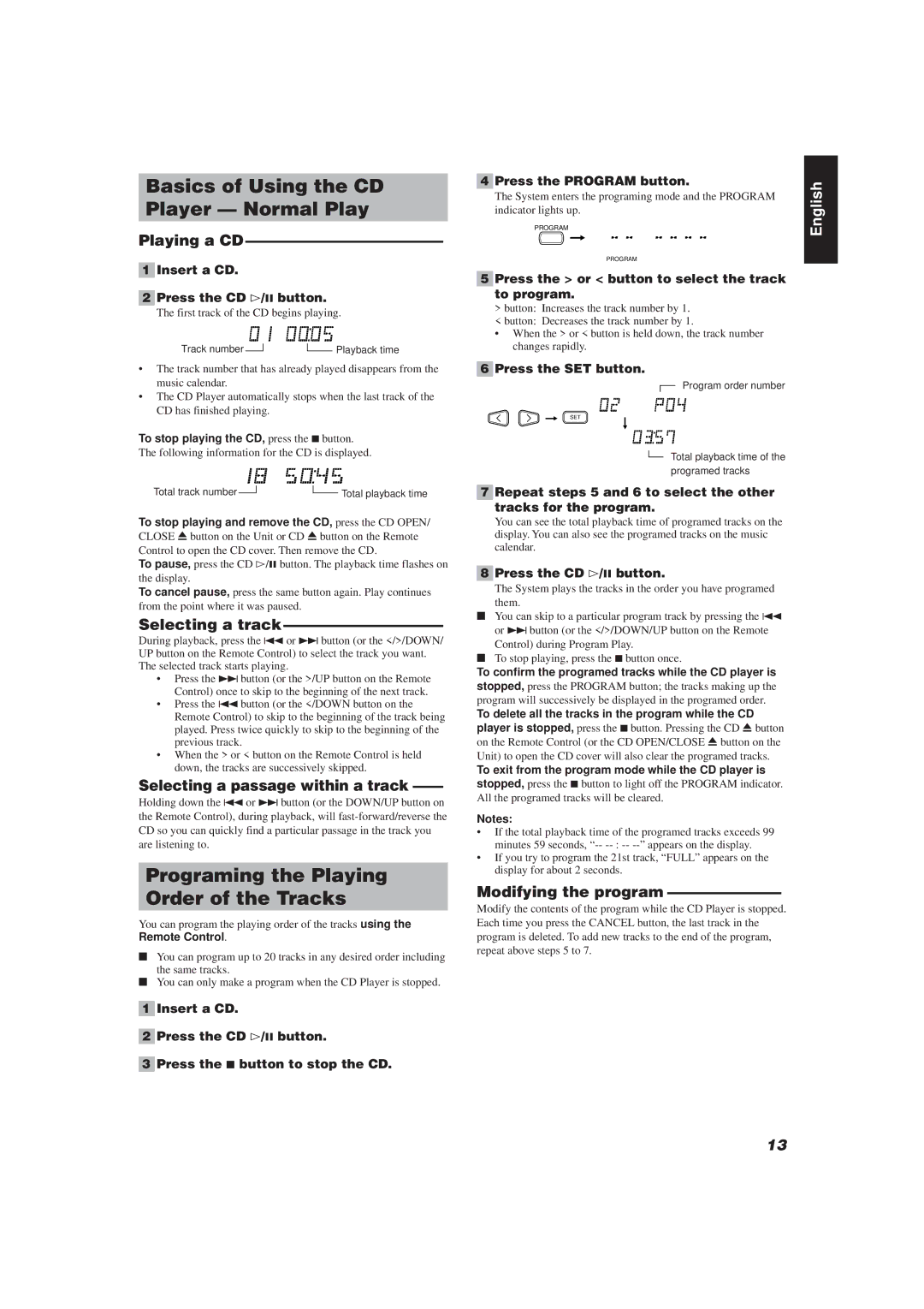 JVC UX-V330R, UX-V30R manual Basics of Using the CD Player Normal Play, Programing the Playing Order of the Tracks 