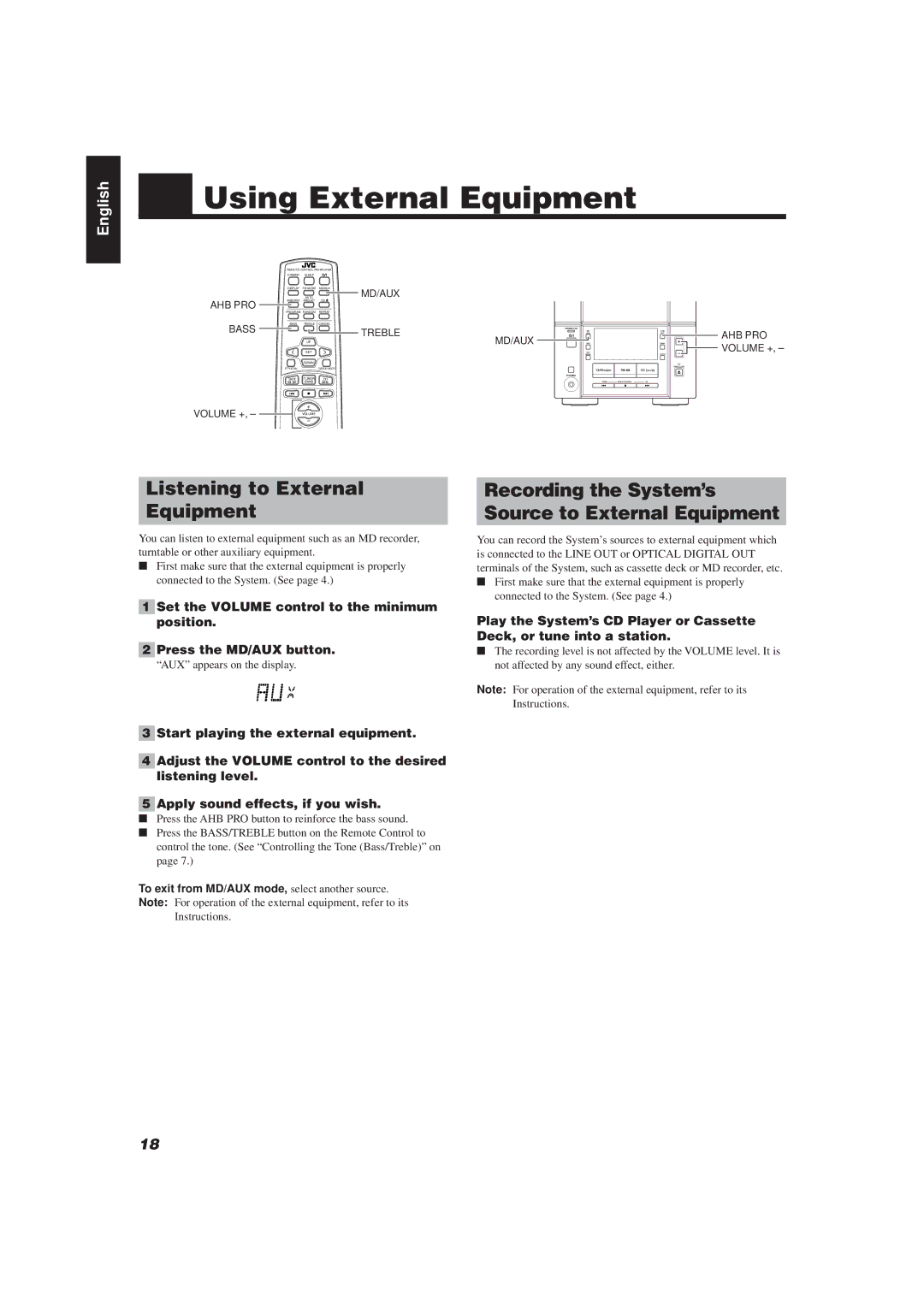 JVC UX-V30R Using External Equipment, Listening to External Equipment, Recording the System’s Source to External Equipment 