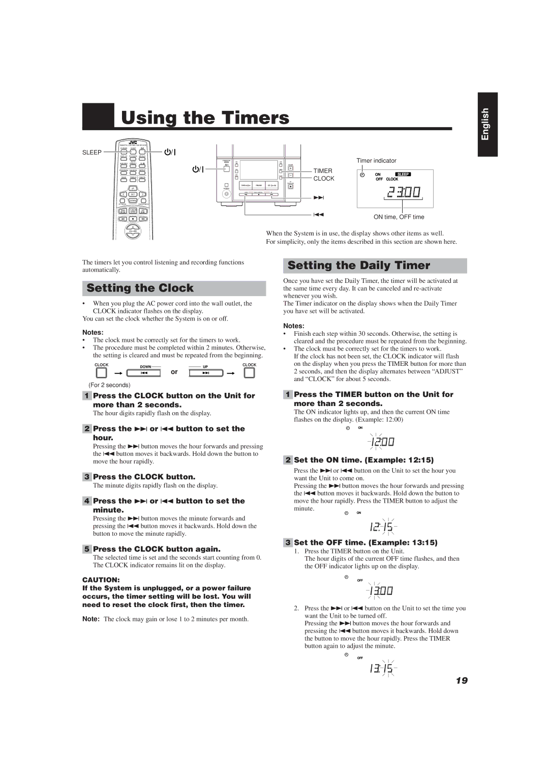 JVC UX-V330R, UX-V30R manual Using the Timers, Setting the Daily Timer, Setting the Clock 