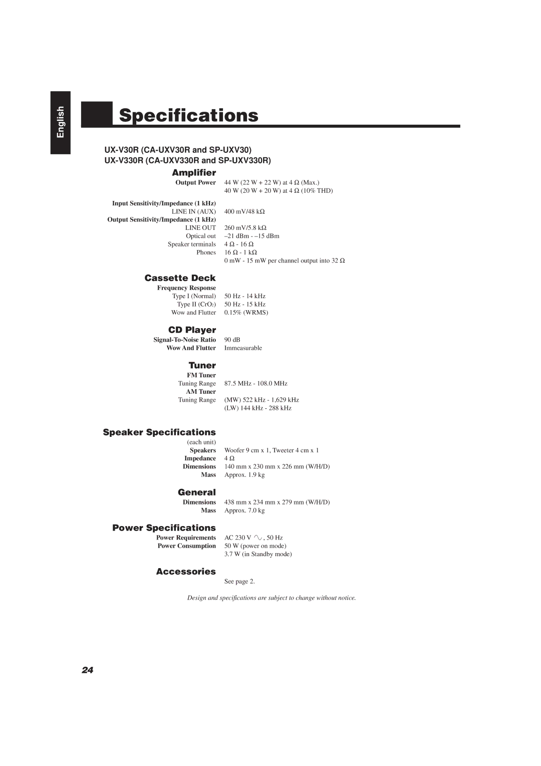 JVC UX-V30R, UX-V330R manual Specifications 