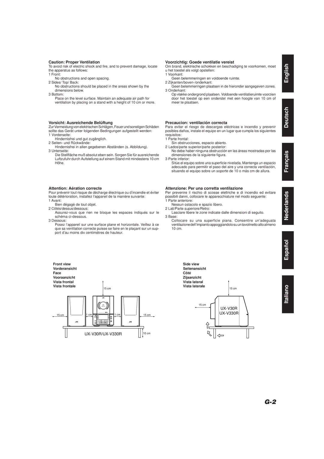 JVC UX-V330R manual Voorzichtig Goede ventilatie vereist, Vorsicht Ausreichende Belüftung, Precaucion ventilación correcta 