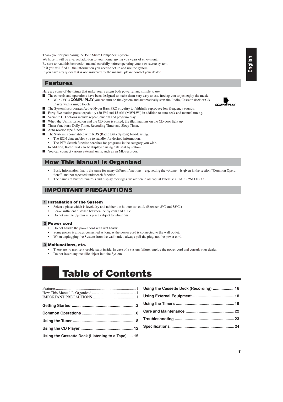 JVC UX-V330R, UX-V30R manual Table of Contents 