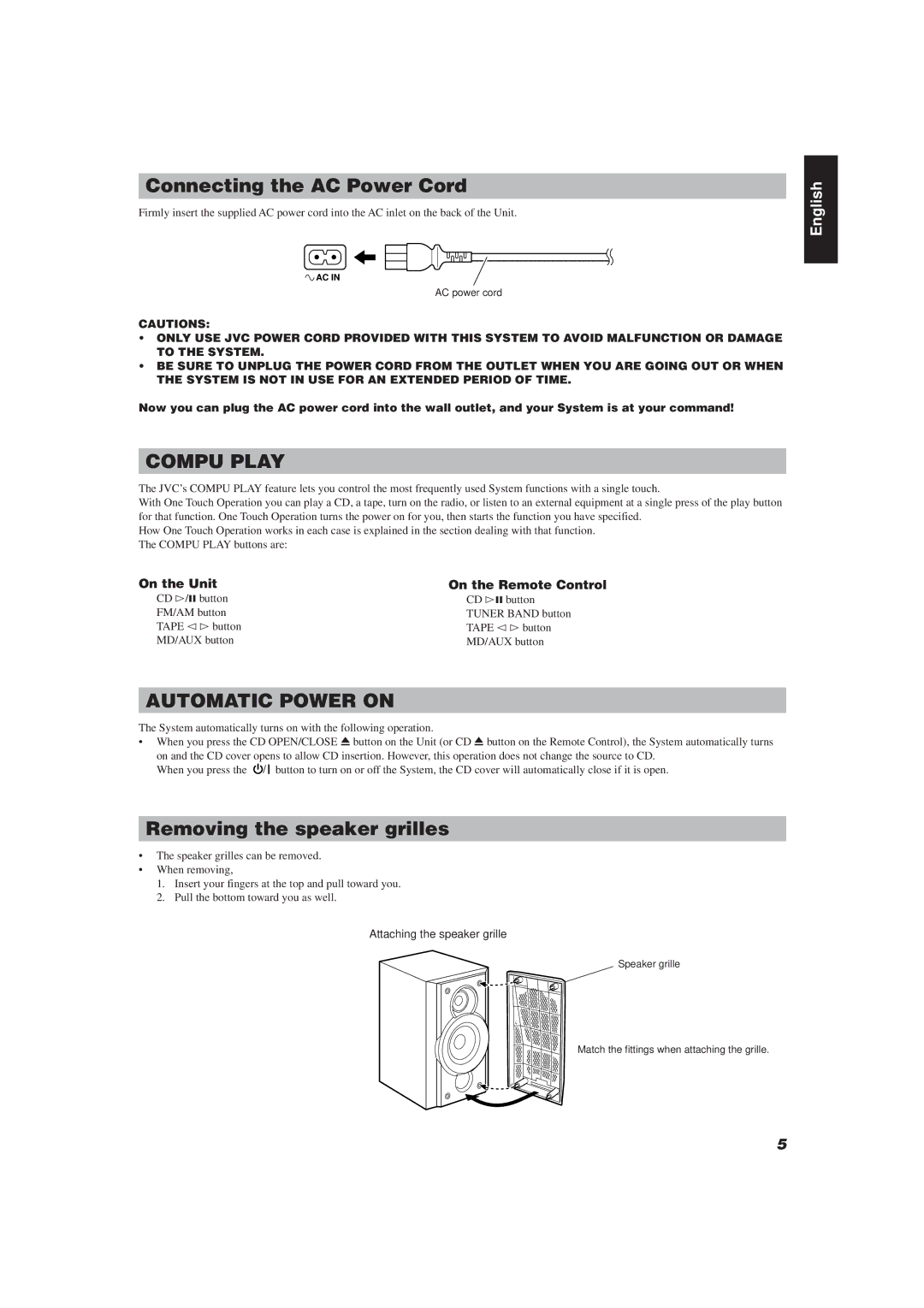 JVC UX-V330R, UX-V30R manual Connecting the AC Power Cord, Removing the speaker grilles, On the Unit On the Remote Control 