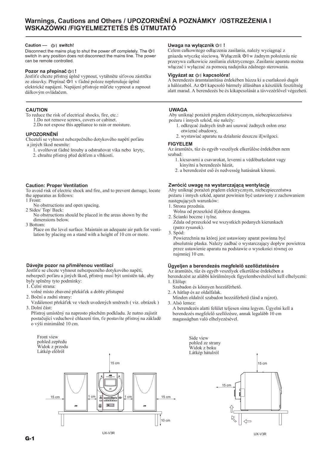 JVC UX-V3R manual Pozor na pøepínaè, Uwaga na wy³¹cznik, Gniazda wtyczkê sieciow¹. Wy³¹cznik, Vigyázat az kapcsolóra 