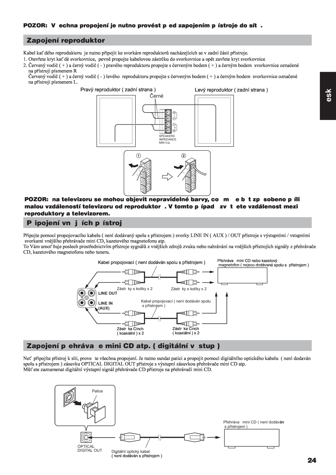 JVC UX-V3R manual Zapojení reproduktorù, Pøipojení vnìjších pøístrojù, Èeský 