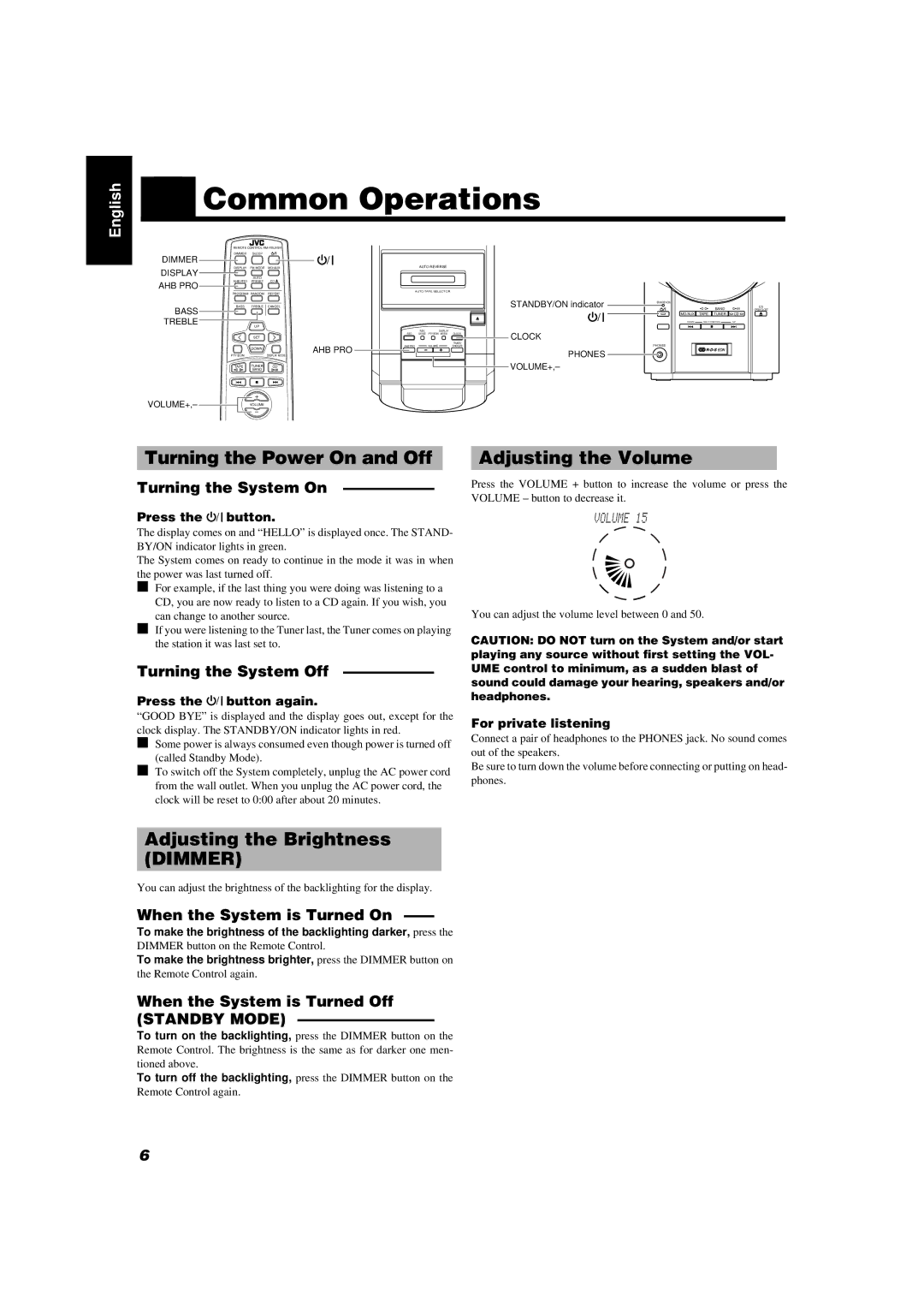 JVC UX-V55R manual Common Operations, Turning the Power On and Off, Adjusting the Volume, Adjusting the Brightness Dimmer 