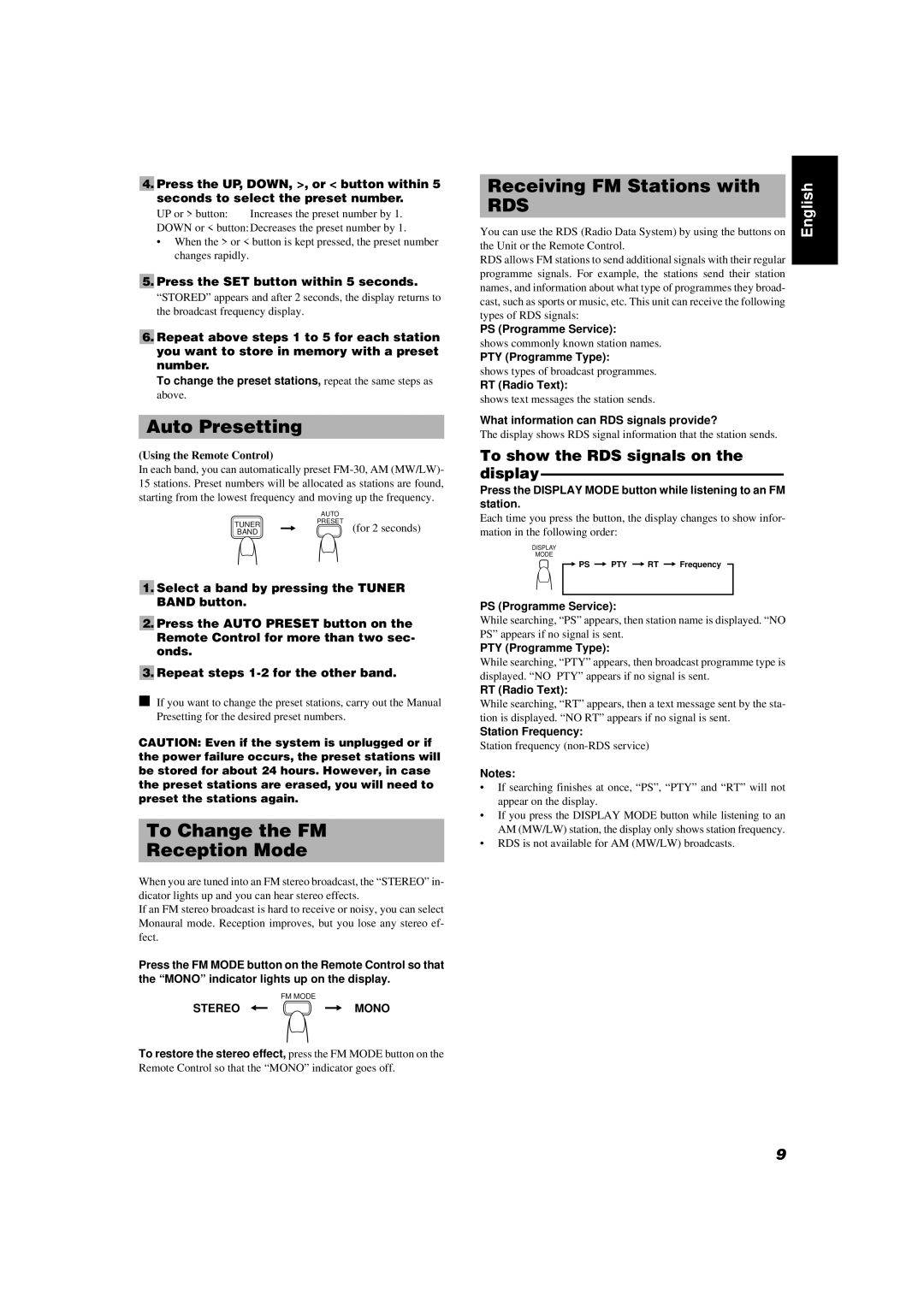 JVC UX-V55R manual Auto Presetting, To Change the FM Reception Mode, Receiving FM Stations with 