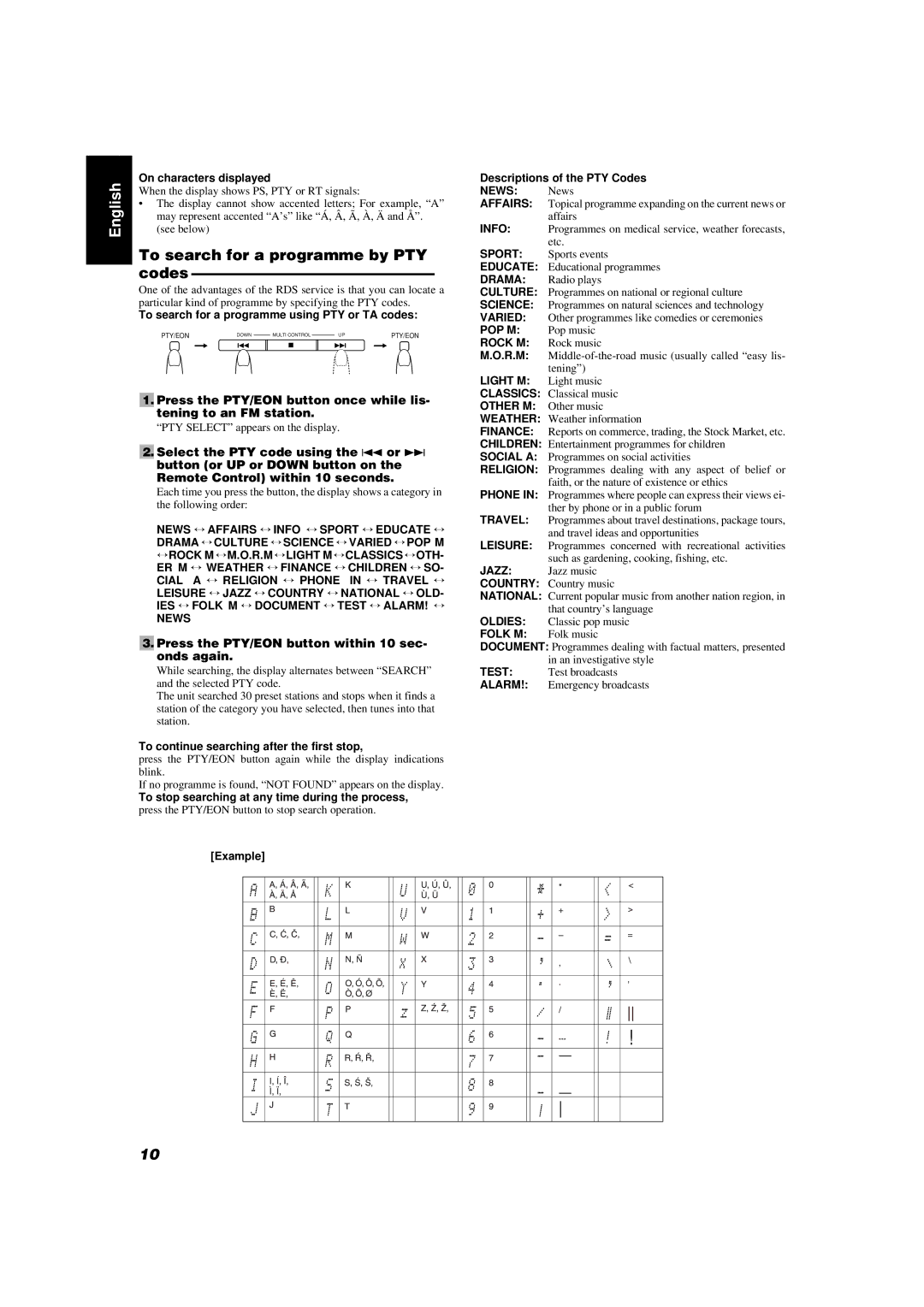 JVC UX-V55R manual To search for a programme by PTY, Codes, Press the PTY/EON button within 10 sec- onds again 