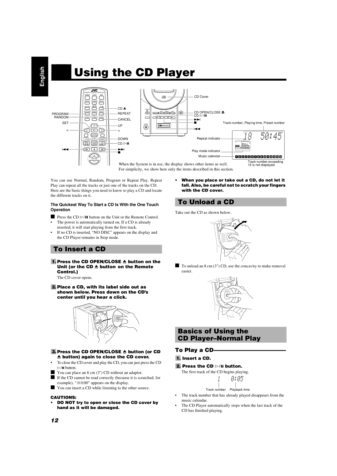 JVC UX-V55R manual Using the CD Player, To Insert a CD, To Unload a CD, Basics of Using CD Player-Normal Play, To Play a CD 