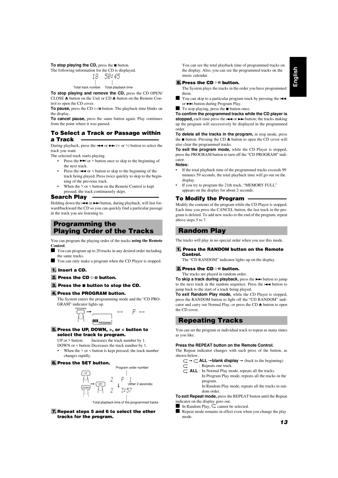 JVC UX-V55R manual Programming Playing Order of the Tracks, Random Play, Repeating Tracks 