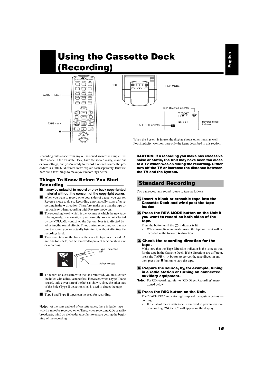 JVC UX-V55R manual Using the Cassette Deck Recording, Standard Recording, Things To Know Before You Start Recording 