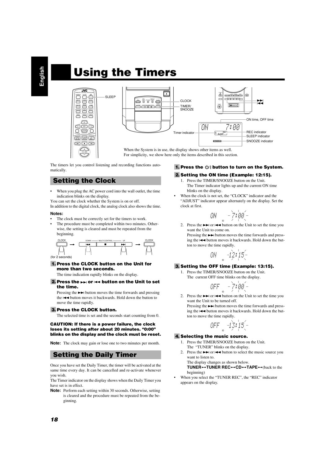 JVC UX-V55R manual Using the Timers, Setting the Clock, Setting the Daily Timer 