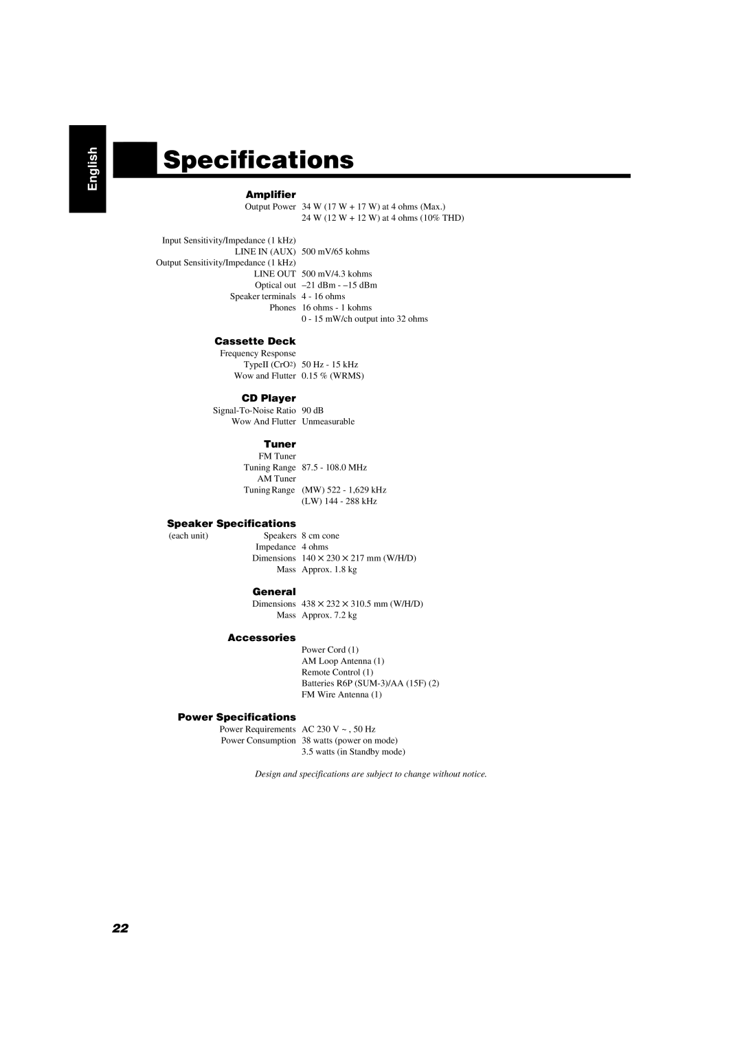 JVC UX-V55R manual Specifications 