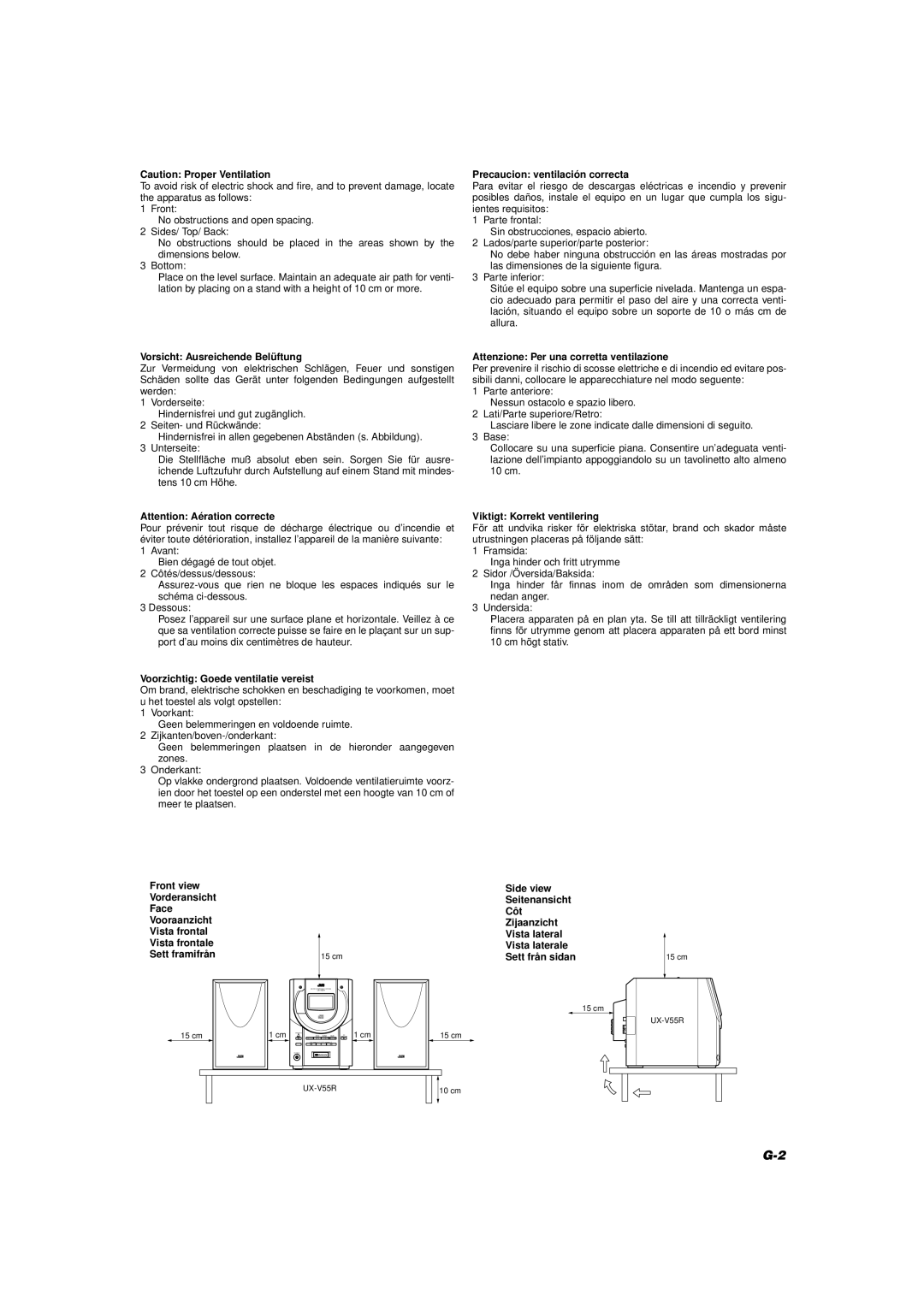 JVC UX-V55R manual Precaucion ventilación correcta 