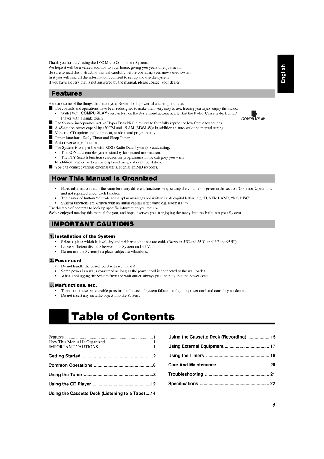 JVC UX-V55R manual Table of Contents 