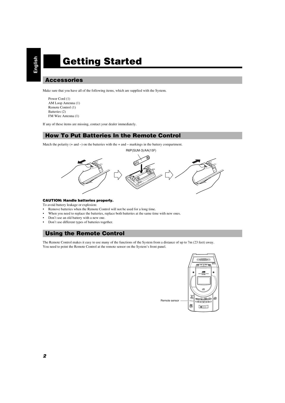 JVC UX-V55R manual Getting Started, Accessories, How To Put Batteries In the Remote Control, Using the Remote Control 