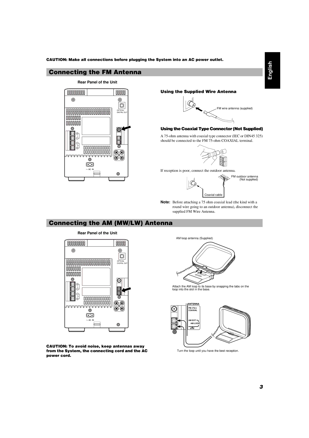 JVC UX-V55R manual Connecting the FM Antenna, Connecting the AM MW/LW Antenna, Using the Supplied Wire Antenna 