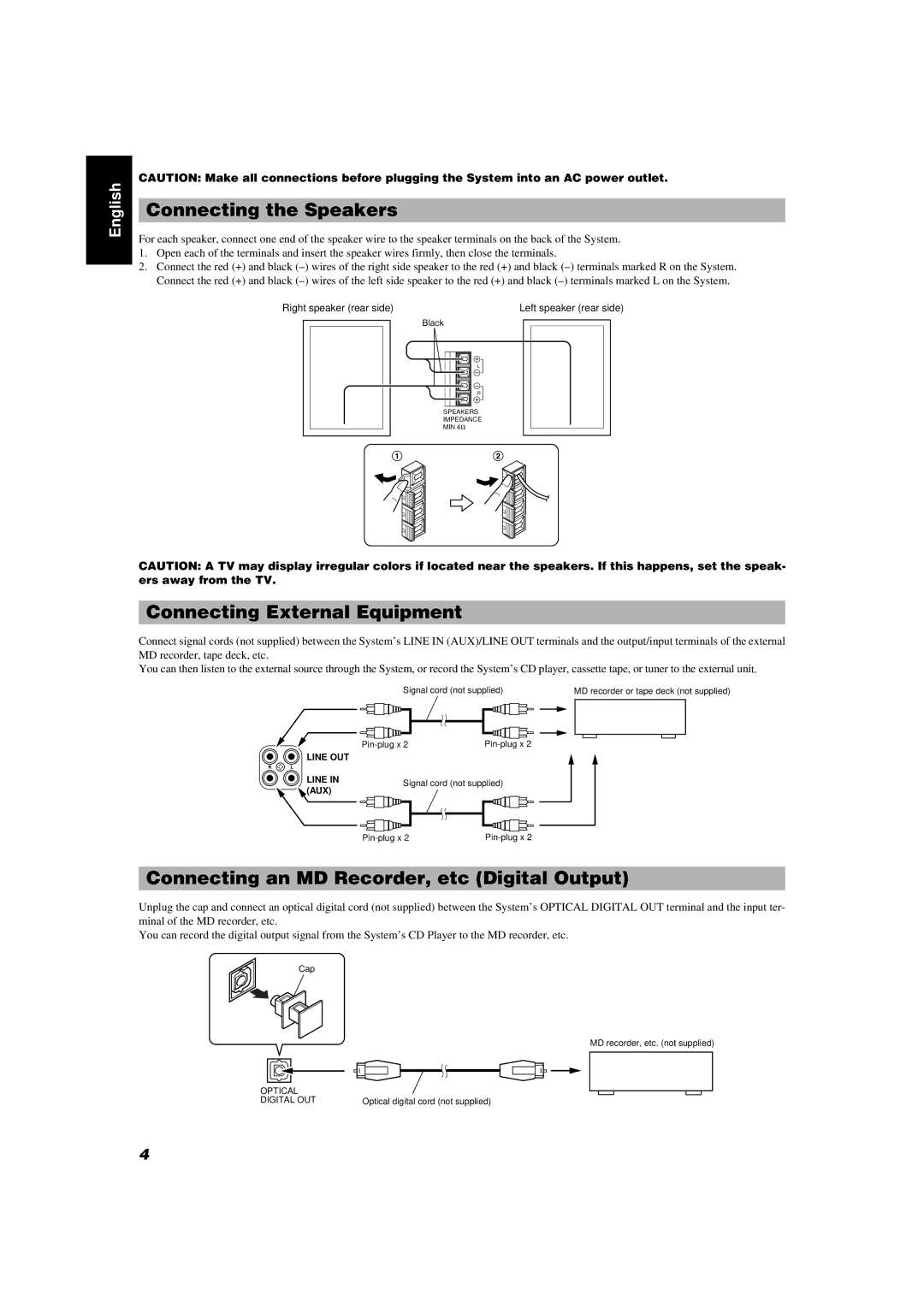 JVC UX-V55R manual Connecting the Speakers, Connecting External Equipment, Connecting an MD Recorder, etc Digital Output 