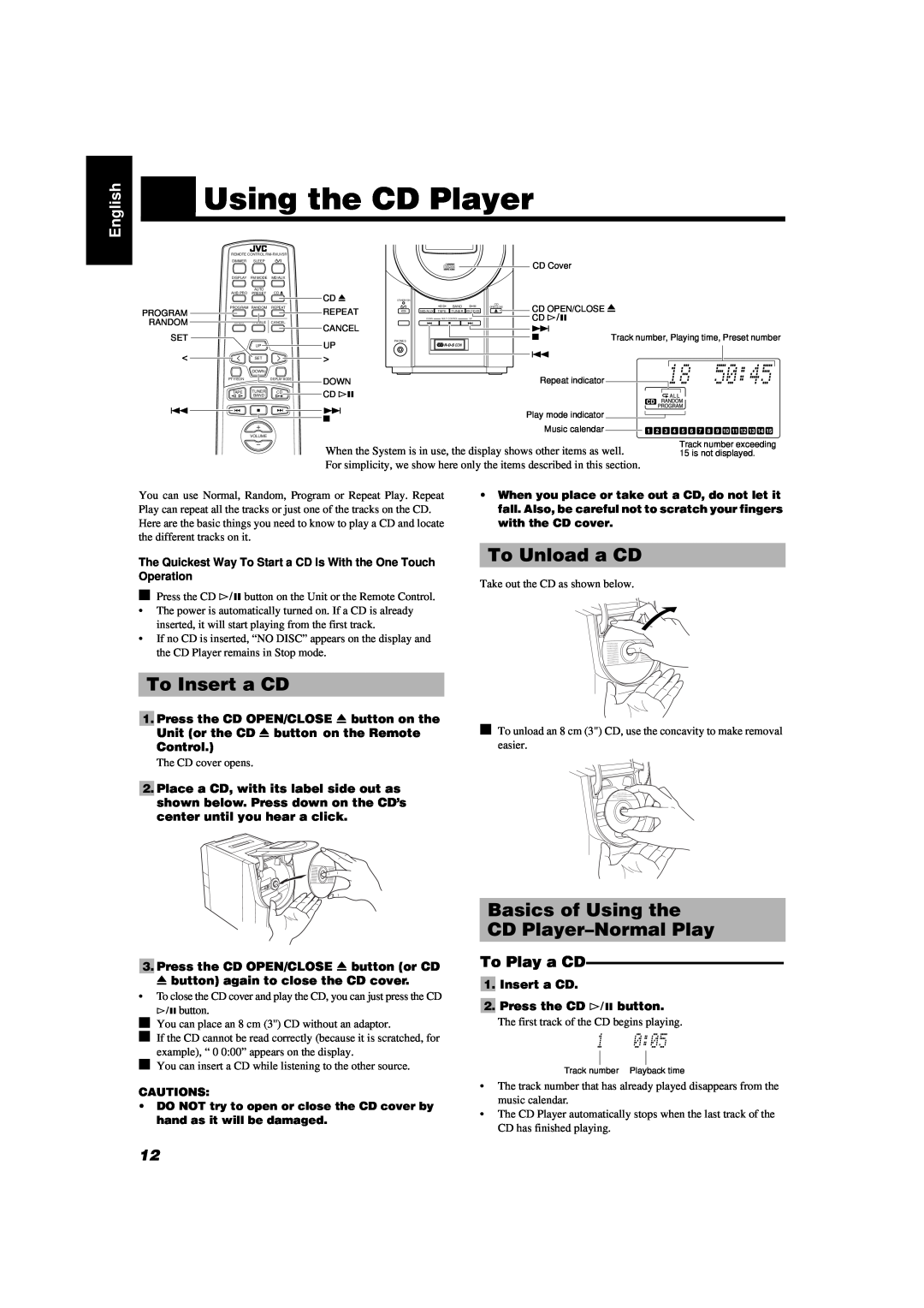 JVC UX-V55R manual To Insert a CD, To Unload a CD, Basics of Using the CD Player-NormalPlay, To Play a CD, Control 