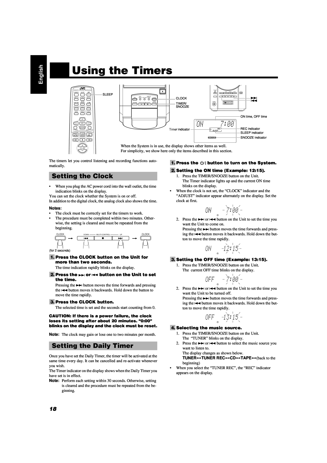 JVC UX-V55R manual Using the Timers, Setting the Clock, Setting the Daily Timer, Press the CLOCK button, English 