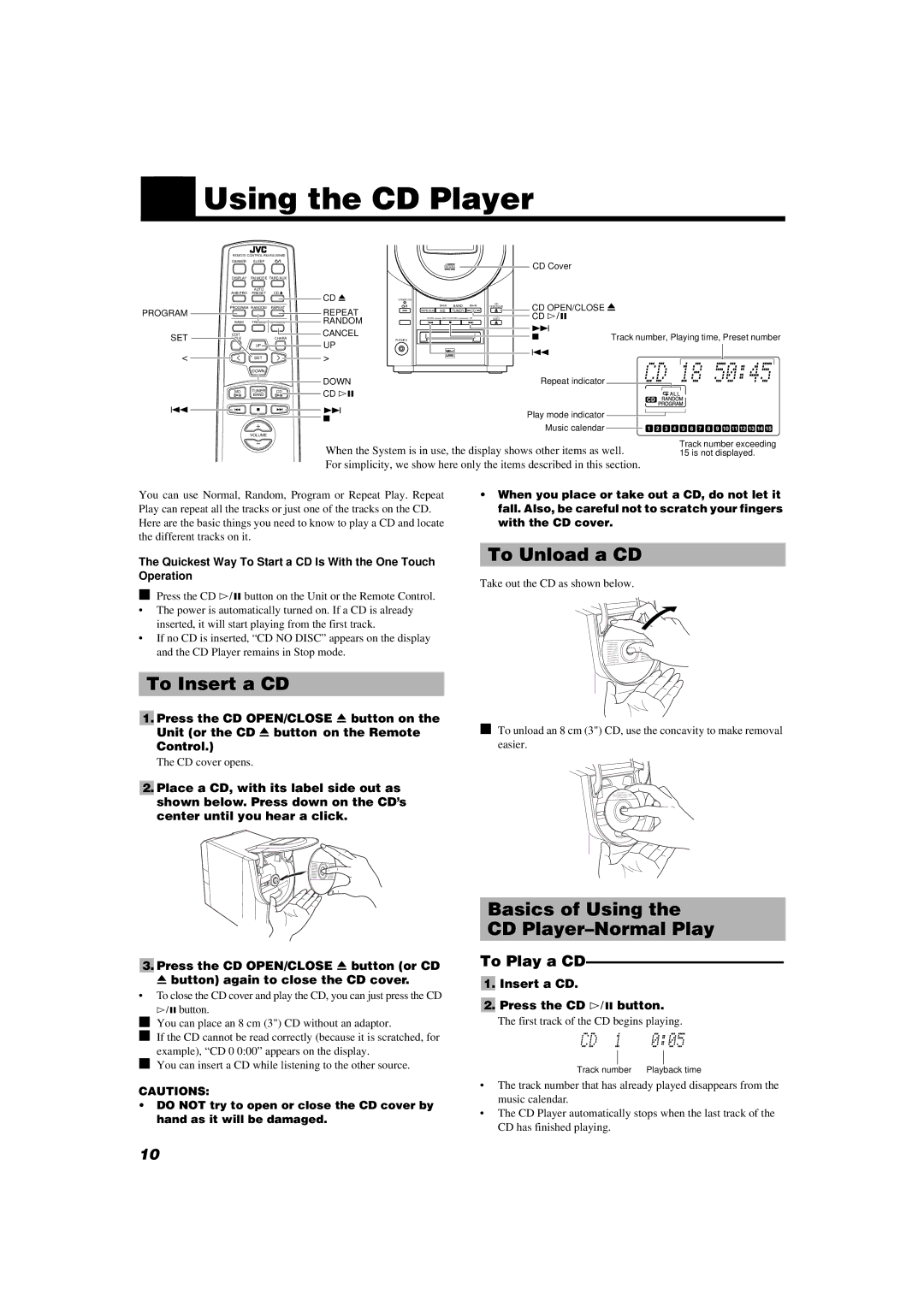 JVC UX-V9MD manual Using the CD Player, To Insert a CD, To Unload a CD, Basics of Using CD Player-Normal Play, To Play a CD 