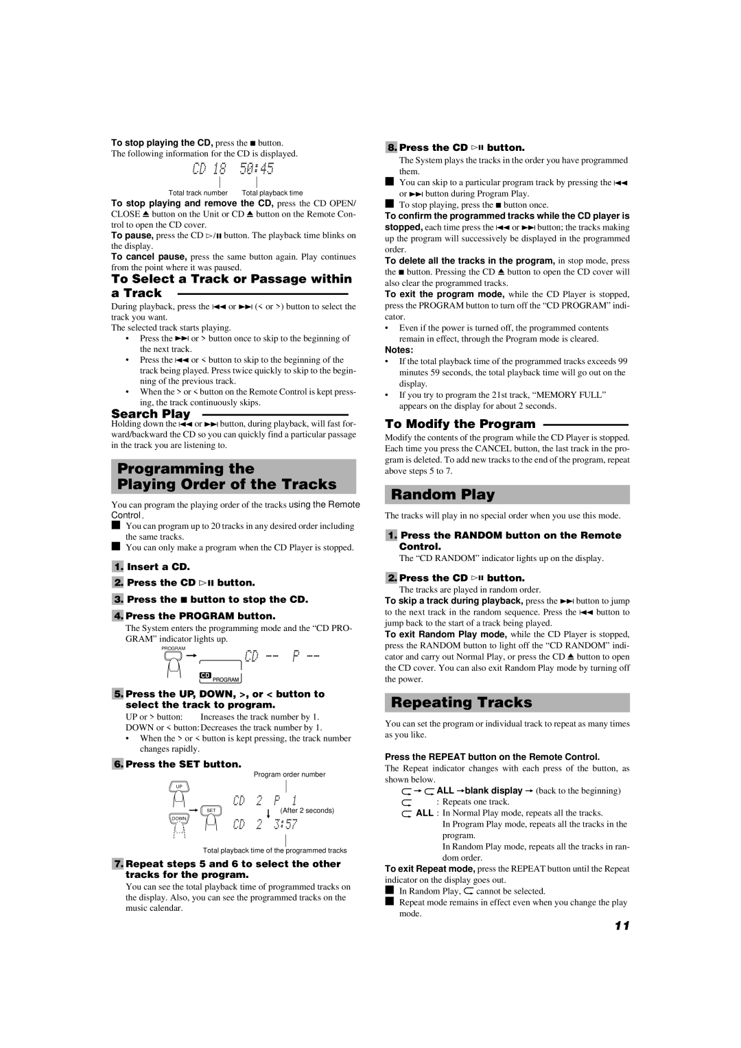 JVC UX-V9MD manual Programming Playing Order of the Tracks, Random Play, Repeating Tracks 