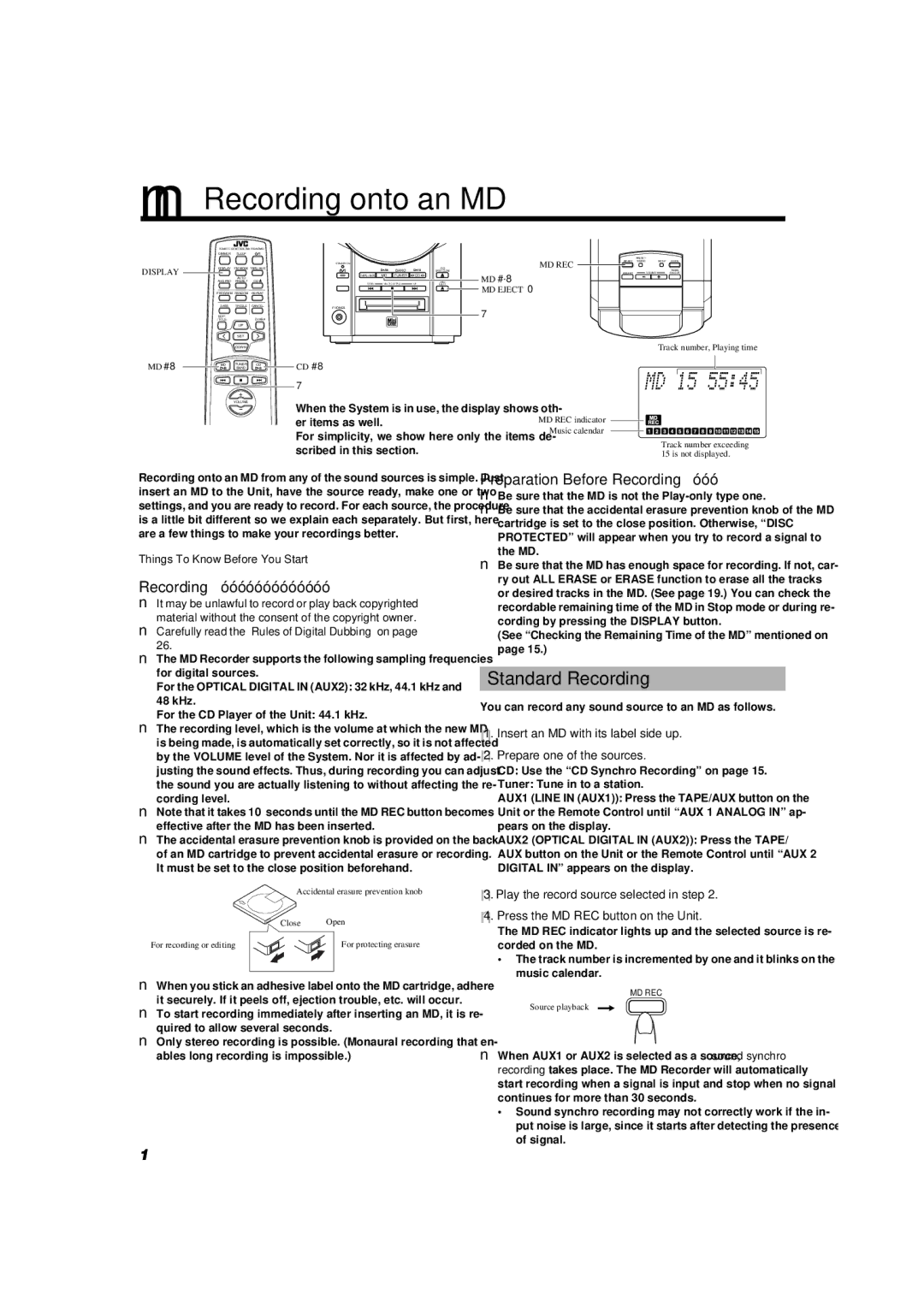 JVC UX-V9MD manual Recording onto an MD, Standard Recording, Preparation Before Recording, Things To Know Before You Start 