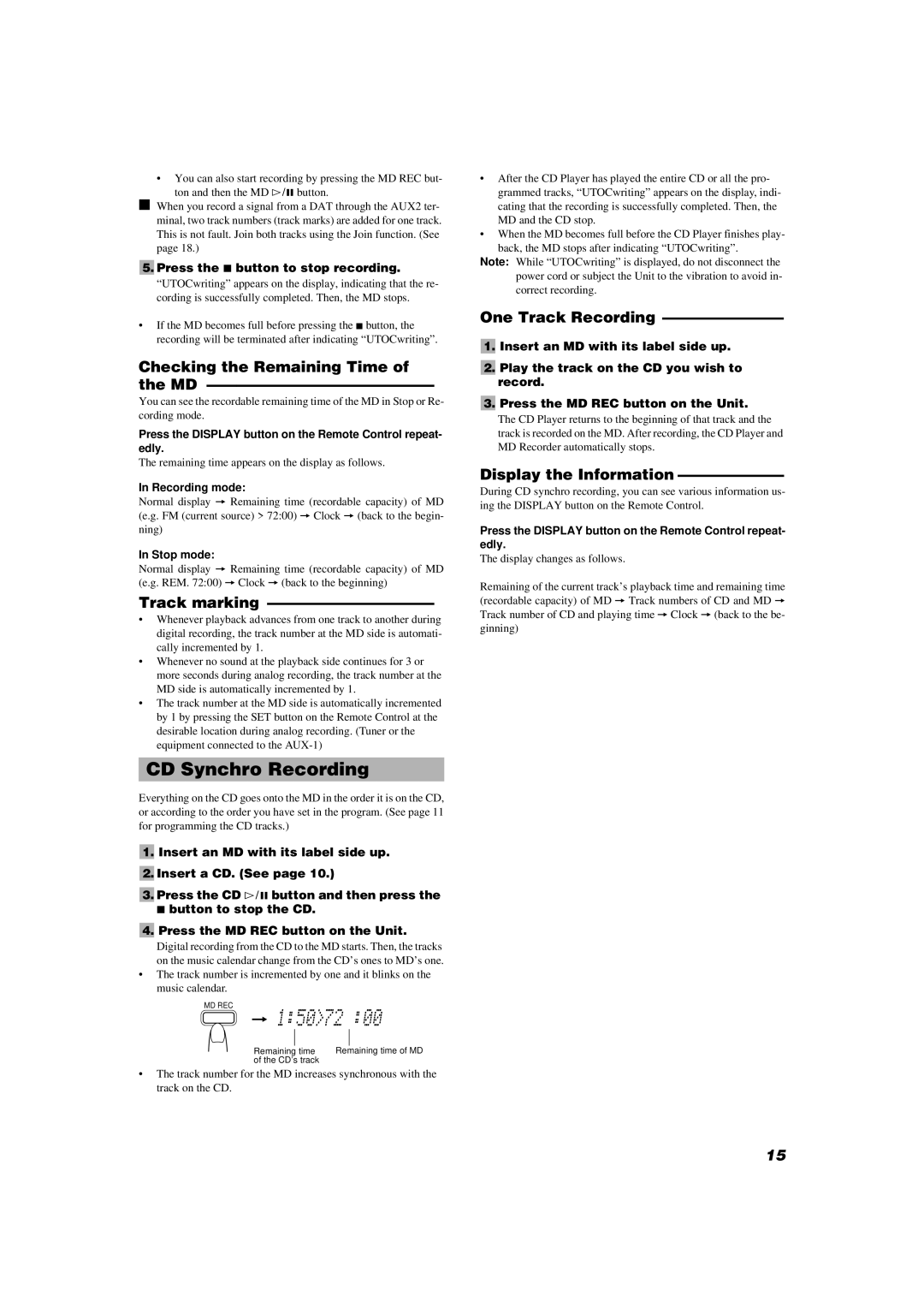 JVC UX-V9MD manual CD Synchro Recording, Checking the Remaining Time of the MD, Track marking, One Track Recording 