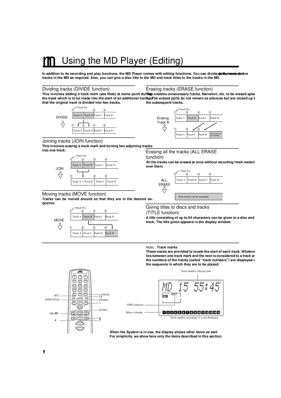 JVC UX-V9MD manual Using the MD Player Editing 