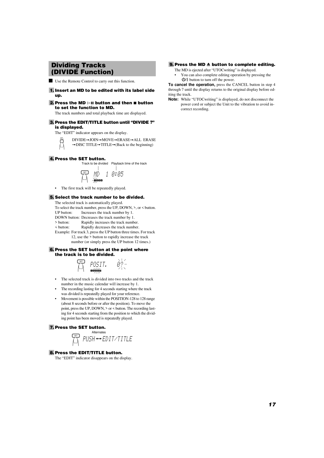 JVC UX-V9MD manual Dividing Tracks Divide Function, Press the EDIT/TITLE button until Divide ? is displayed 