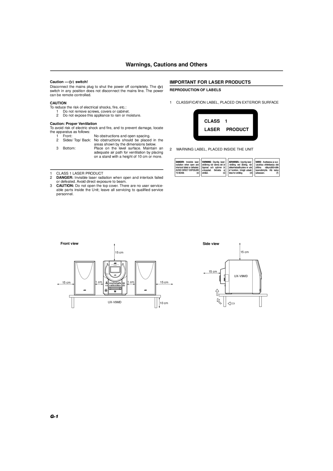 JVC UX-V9MD manual Class Laser Product 