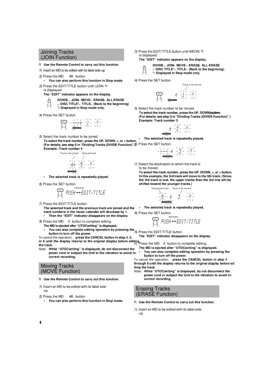 JVC UX-V9MD manual Joining Tracks Join Function, Moving Tracks Move Function, Erasing Tracks Erase Function 