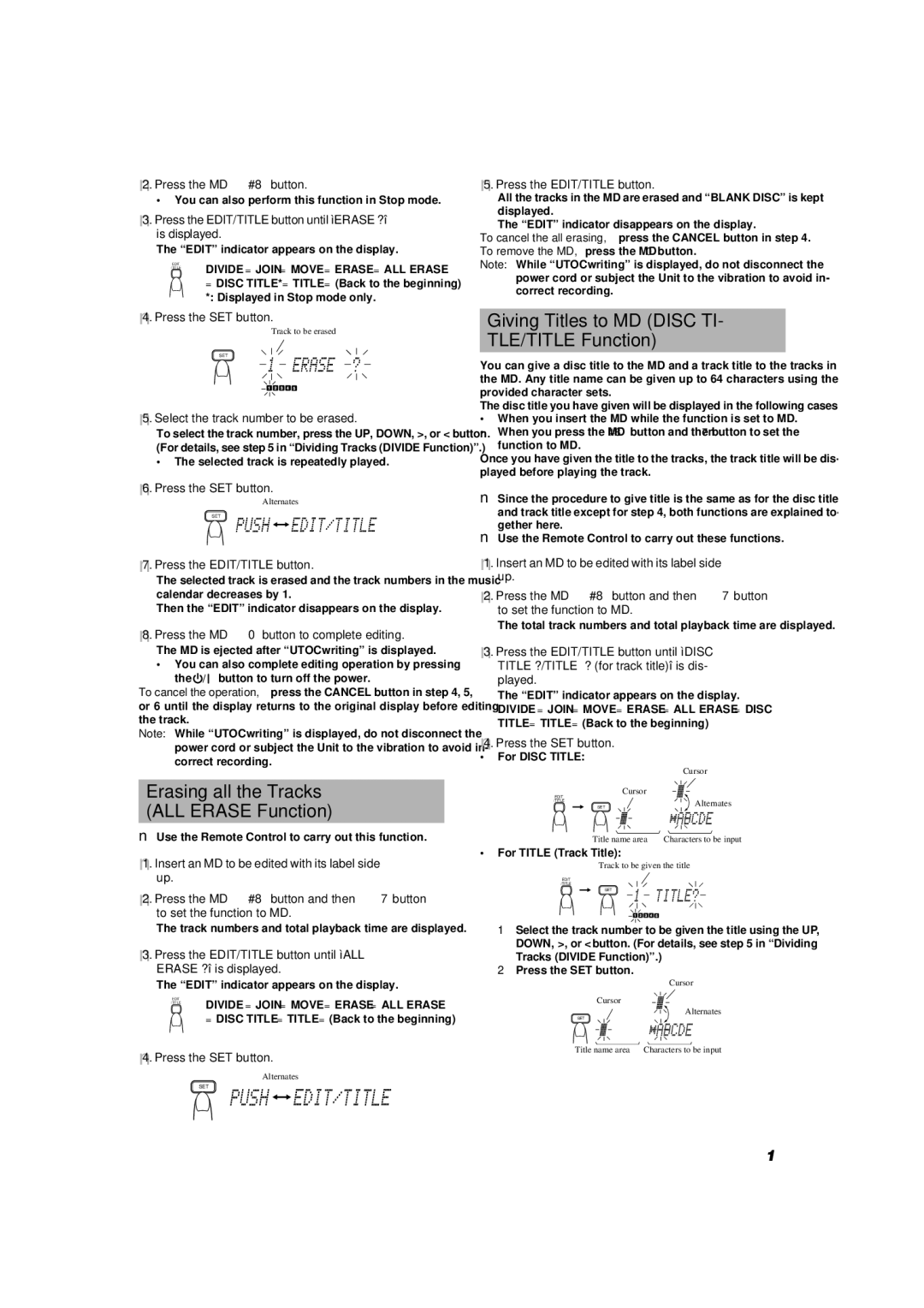 JVC UX-V9MD manual Erasing all the Tracks ALL Erase Function, Giving Titles to MD Disc TI- TLE/TITLE Function 