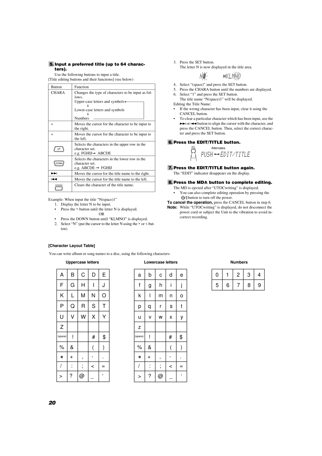 JVC UX-V9MD manual Input a preferred title up to 64 charac- ters, Press the EDIT/TITLE button again, Character Layout Table 