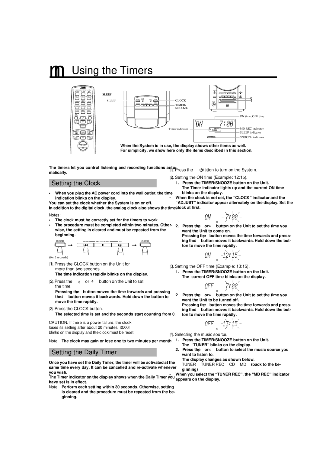 JVC UX-V9MD manual Using the Timers, Setting the Clock, Setting the Daily Timer 