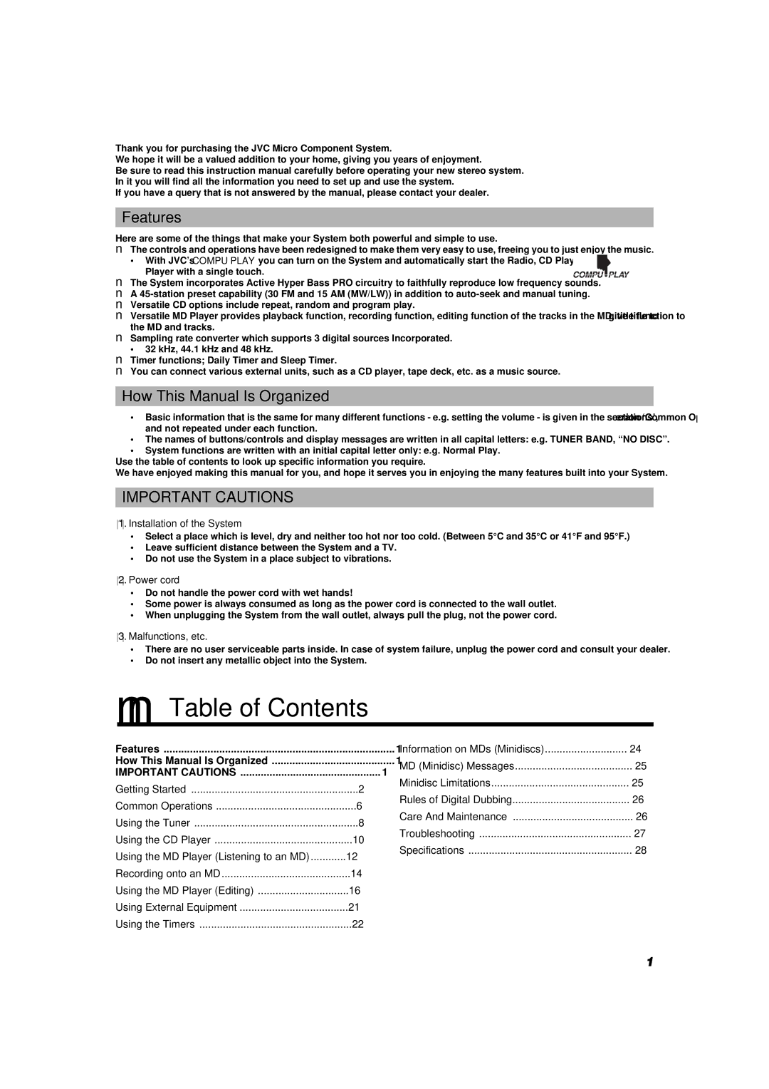 JVC UX-V9MD manual Table of Contents 