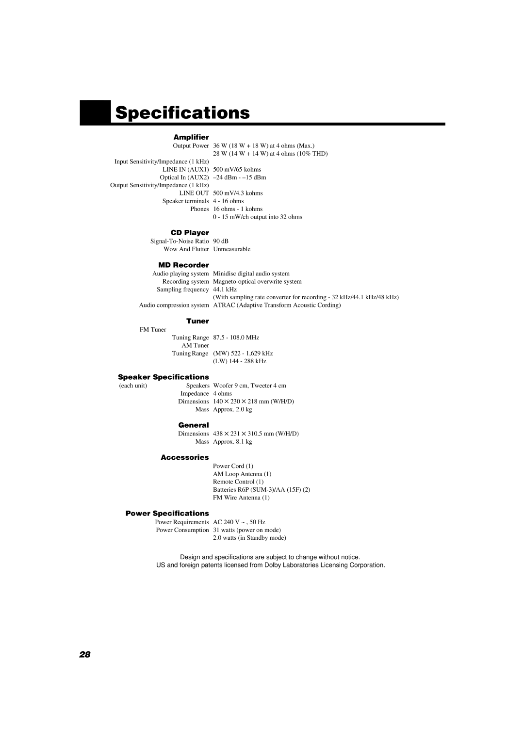 JVC UX-V9MD manual Specifications 