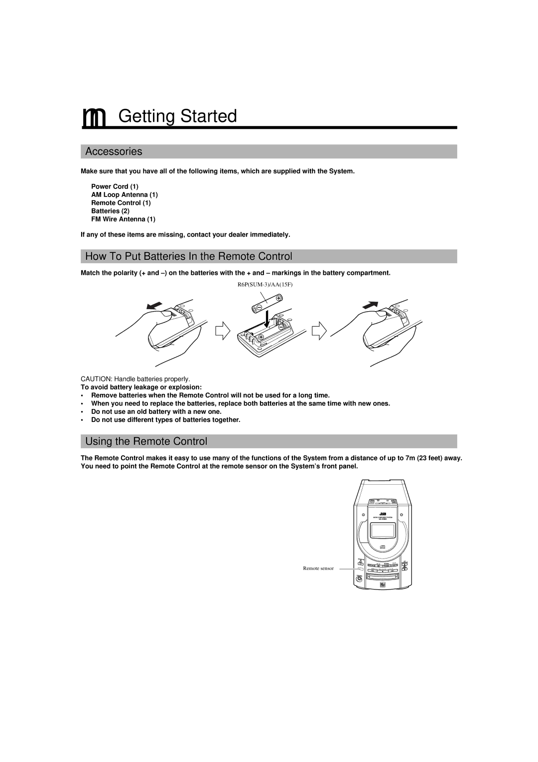 JVC UX-V9MD manual Getting Started, Accessories, How To Put Batteries In the Remote Control, Using the Remote Control 