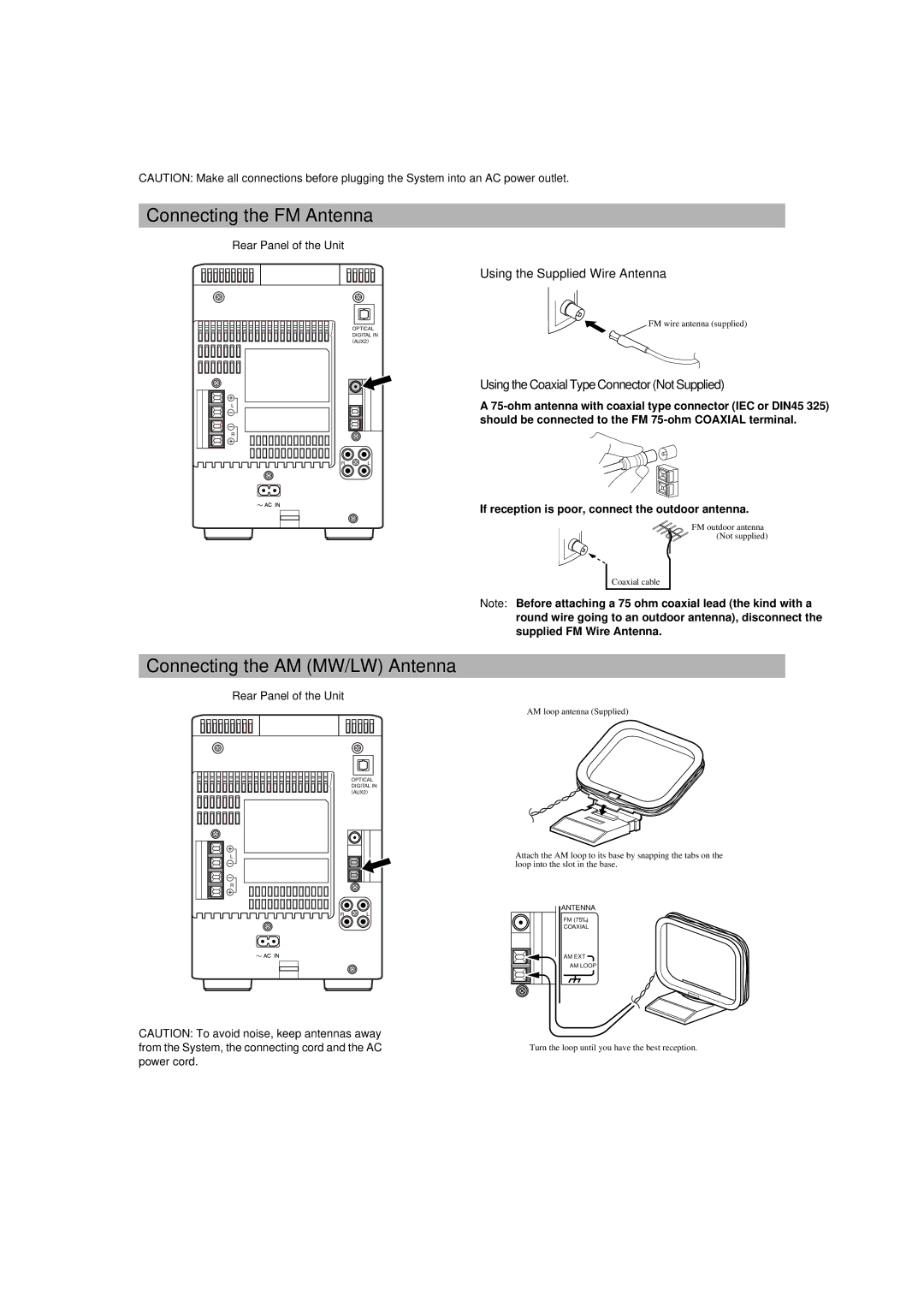 JVC UX-V9MD manual Connecting the FM Antenna, Connecting the AM MW/LW Antenna, Using the Supplied Wire Antenna 