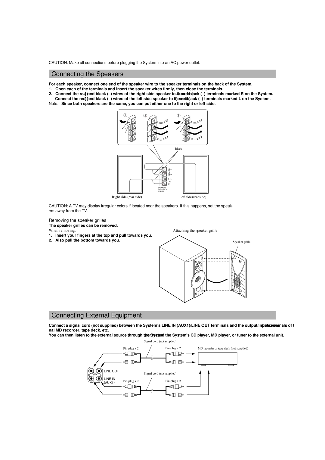 JVC UX-V9MD manual Connecting the Speakers, Connecting External Equipment, Removing the speaker grilles 