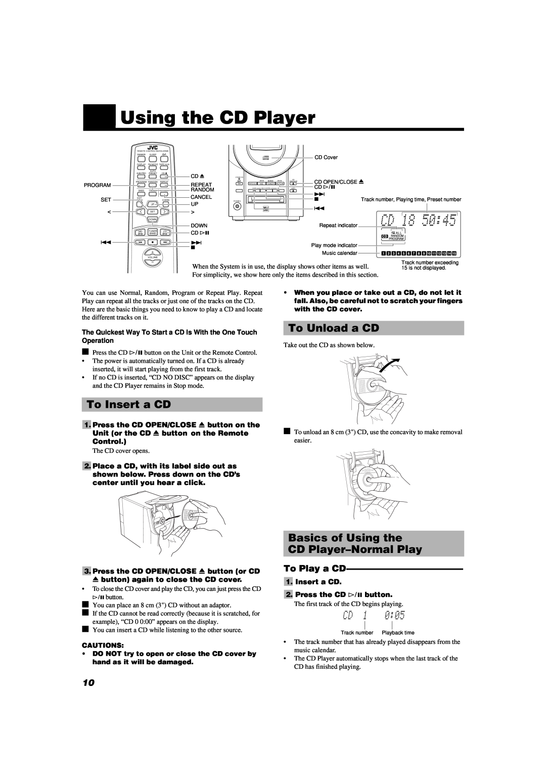 JVC UX-V9MD To Insert a CD, To Unload a CD, Basics of Using the CD Player-Normal Play, To Play a CD, Control, Cautions 
