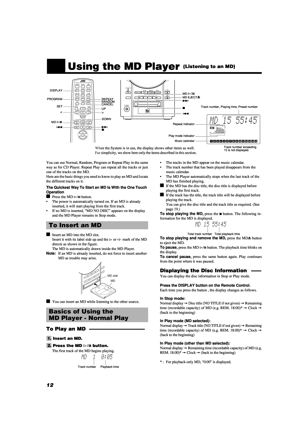 JVC UX-V9MD manual Using the MD Player Listening to an MD, To Insert an MD, Basics of Using the MD Player - Normal Play 