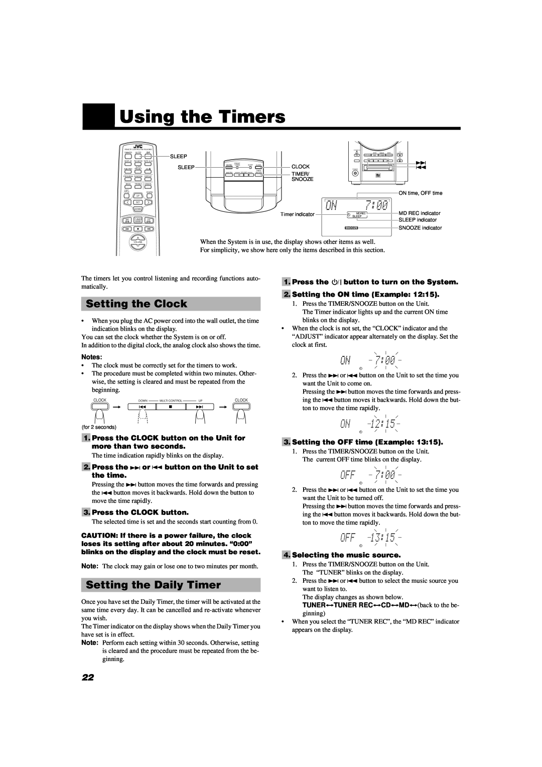 JVC UX-V9MD manual Using the Timers, Setting the Clock, Setting the Daily Timer, Press the CLOCK button 