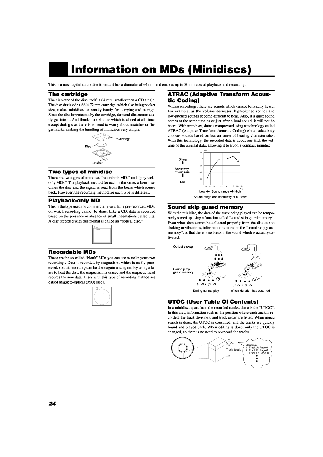 JVC UX-V9MD manual Information on MDs Minidiscs, The cartridge, Two types of minidisc, Playback-only MD, Recordable MDs 