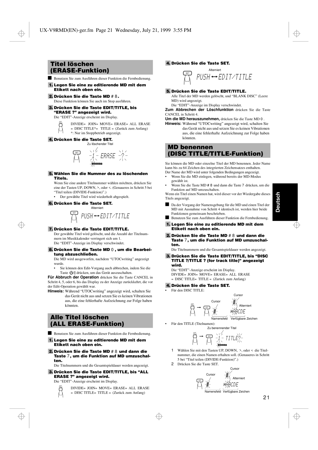 JVC UX-V9RMD Titel löschen ERASE-Funktion, Alle Titel löschen ALL ERASE-Funktion, MD benennen Disc TITLE/TITLE-Funktion 