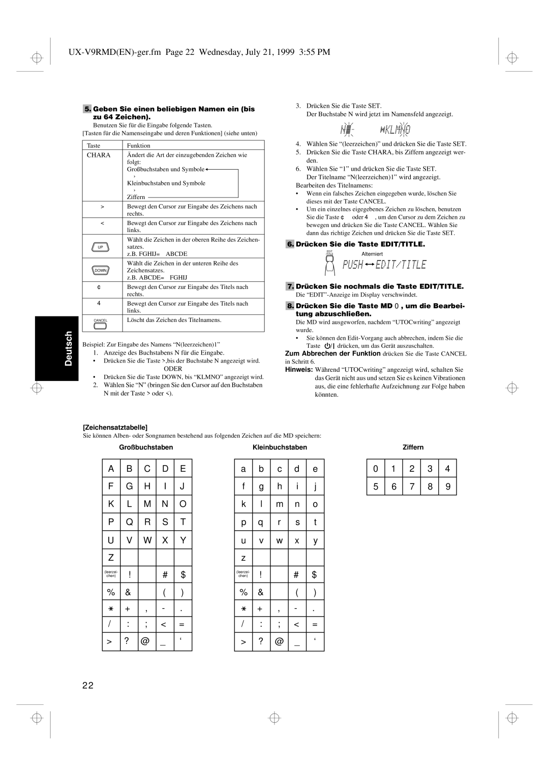 JVC manual UX-V9RMDEN-ger.fm Page 22 Wednesday, July 21, 1999 355 PM 