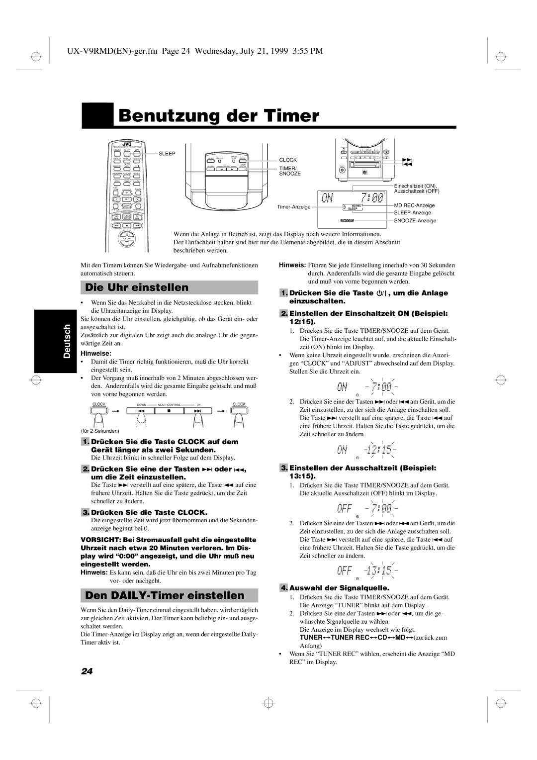 JVC UX-V9RMD manual Benutzung der Timer, Die Uhr einstellen, Den DAILY-Timer einstellen 