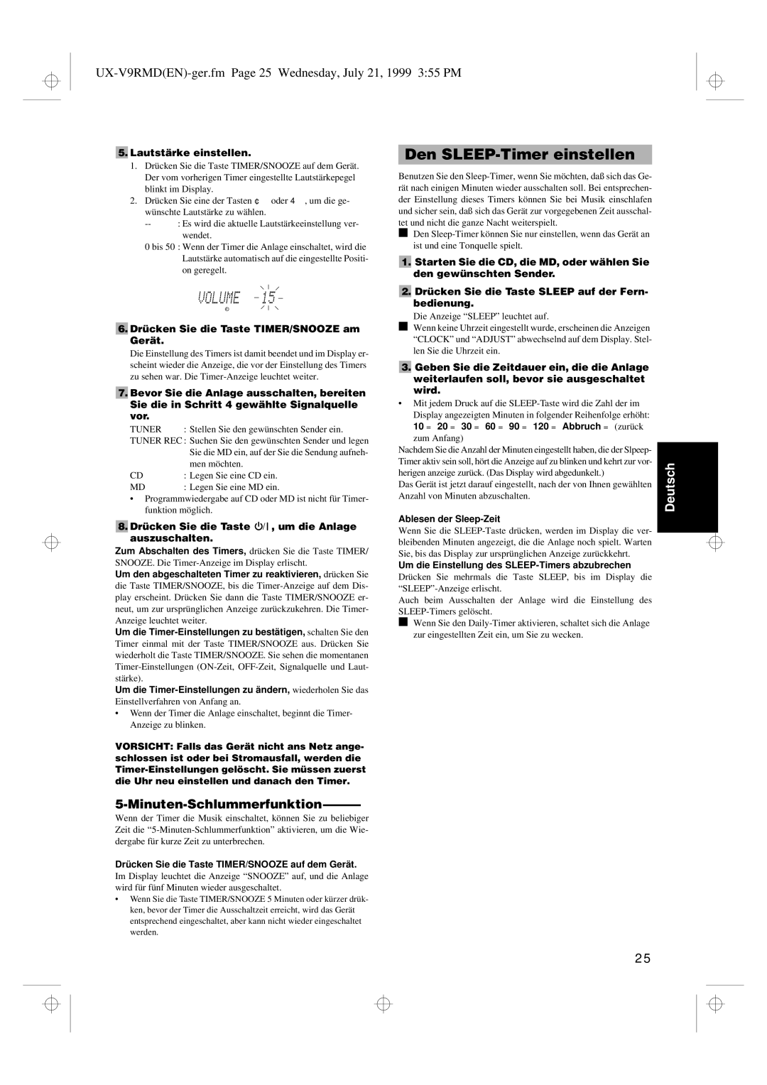 JVC Den SLEEP-Timer einstellen, UX-V9RMDEN-ger.fm Page 25 Wednesday, July 21, 1999 355 PM, Minuten-Schlummerfunktion 