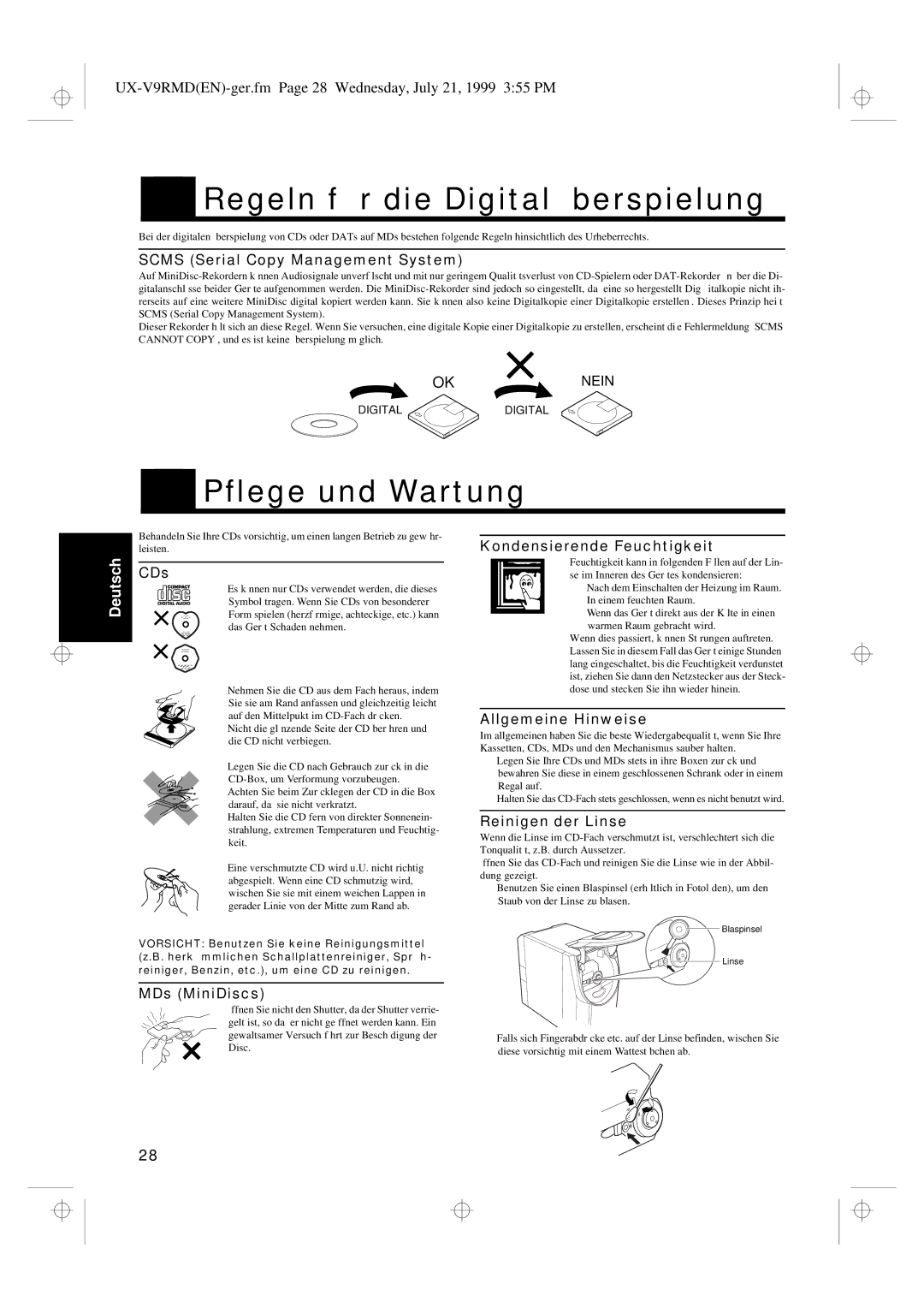 JVC UX-V9RMD manual Regeln für die Digitalüberspielung, Pflege und Wartung 